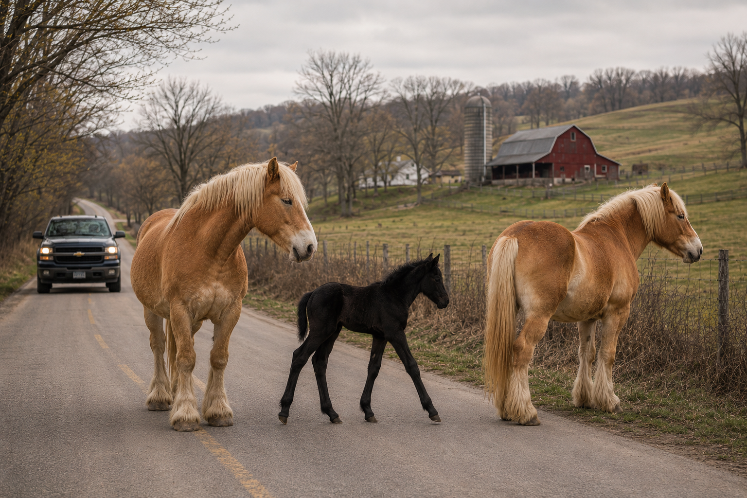 Two loose Belgian draft horses and a black foal standing on a quiet rural road in Amish country as a Chevrolet truck approaches, with a red barn and rolling hills in the background under a cloudy spring sky.